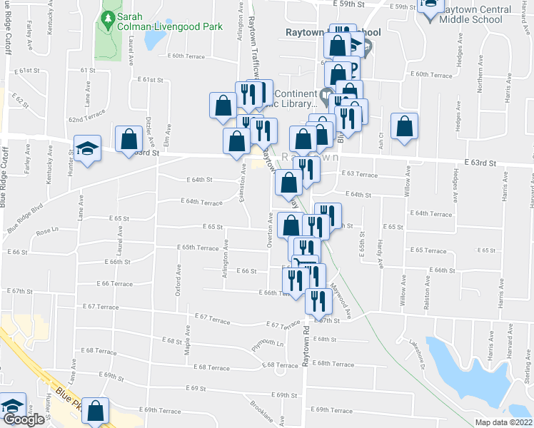 map of restaurants, bars, coffee shops, grocery stores, and more near 6432 Overton Avenue in Raytown