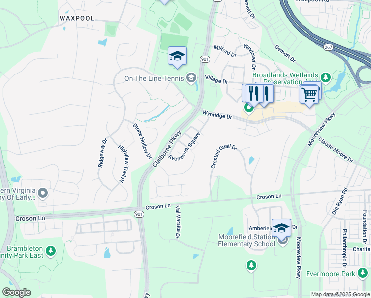 map of restaurants, bars, coffee shops, grocery stores, and more near 43011 Marburg Terrace in Broadlands