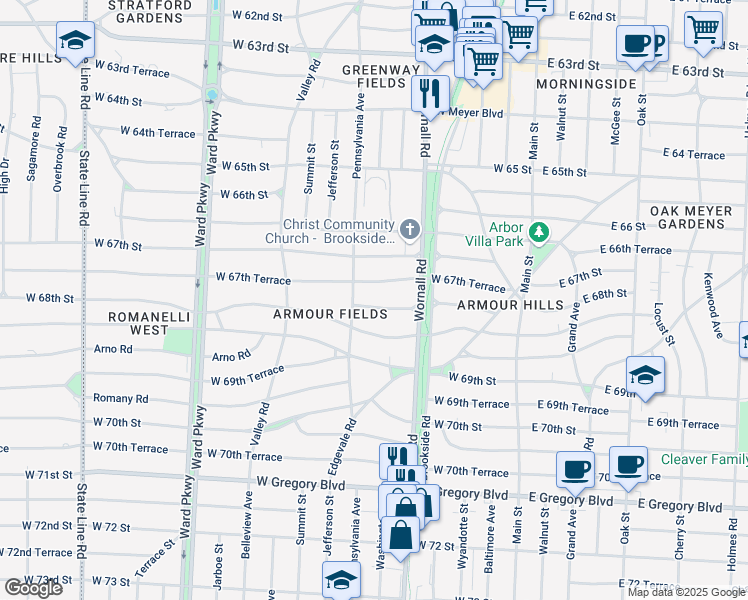 map of restaurants, bars, coffee shops, grocery stores, and more near 456 West 68 Street in Kansas City