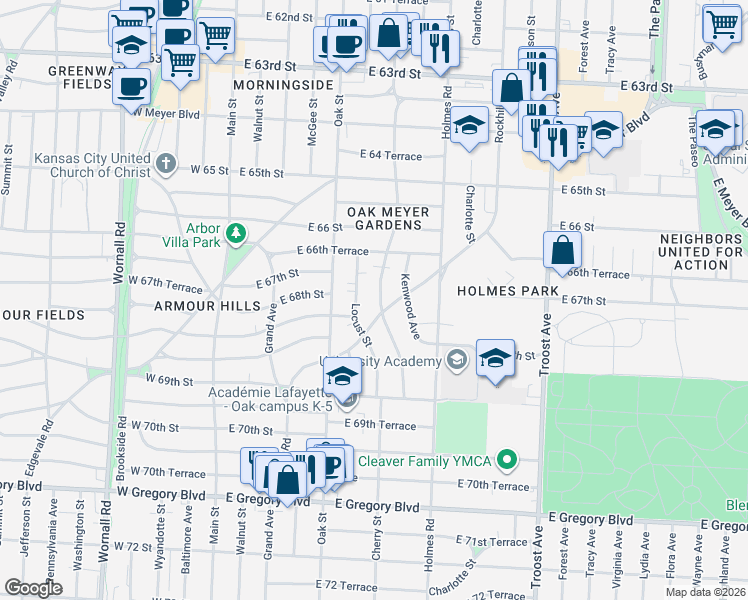 map of restaurants, bars, coffee shops, grocery stores, and more near 6724 Cherry Street in Kansas City