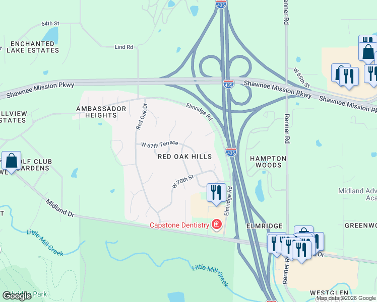 map of restaurants, bars, coffee shops, grocery stores, and more near 6732 Clairborne Street in Shawnee