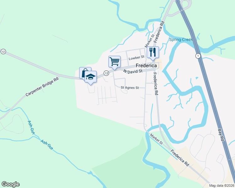 map of restaurants, bars, coffee shops, grocery stores, and more near 112 Jackson Street in Frederica
