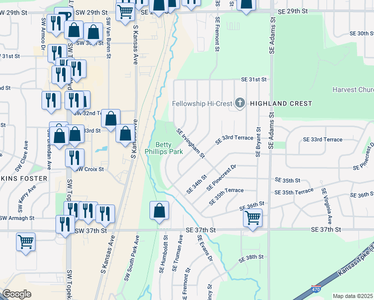 map of restaurants, bars, coffee shops, grocery stores, and more near 3353 Southeast Fremont Street in Topeka