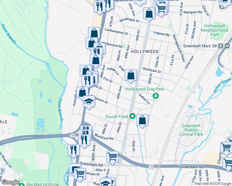 map of restaurants, bars, coffee shops, grocery stores, and more near 4818 Erie Street in College Park