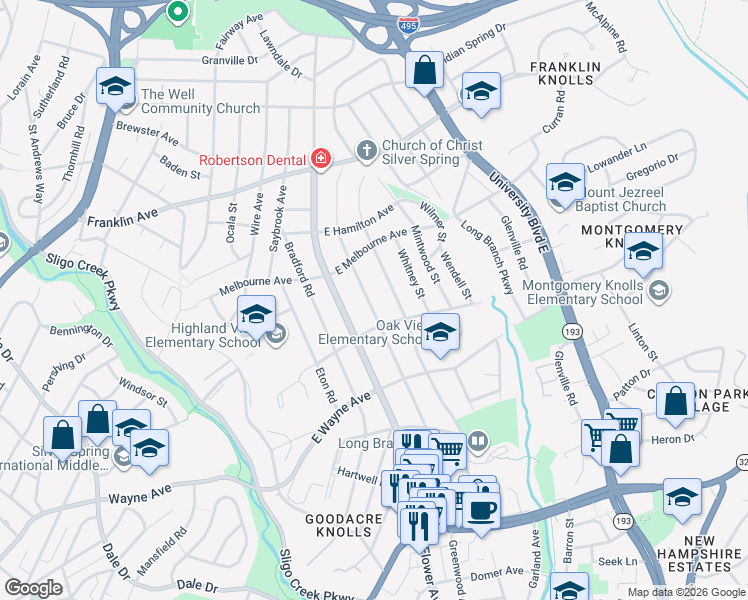 map of restaurants, bars, coffee shops, grocery stores, and more near 9111 Sudbury Road in Silver Spring