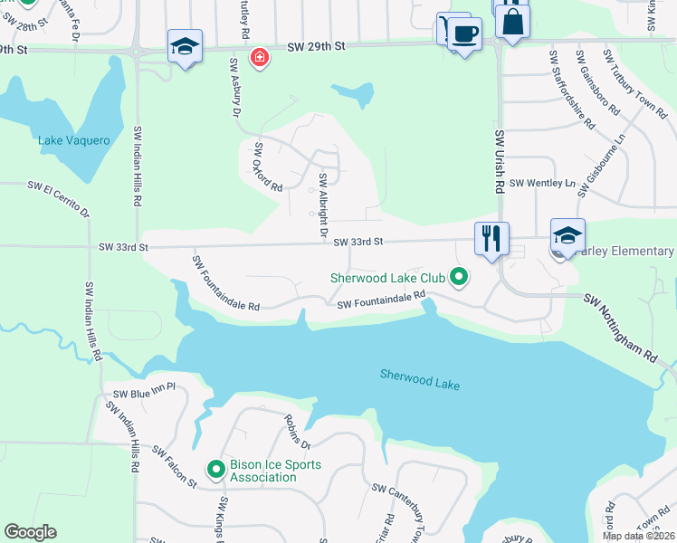 map of restaurants, bars, coffee shops, grocery stores, and more near 3319 Southwest Dukeries Road in Topeka