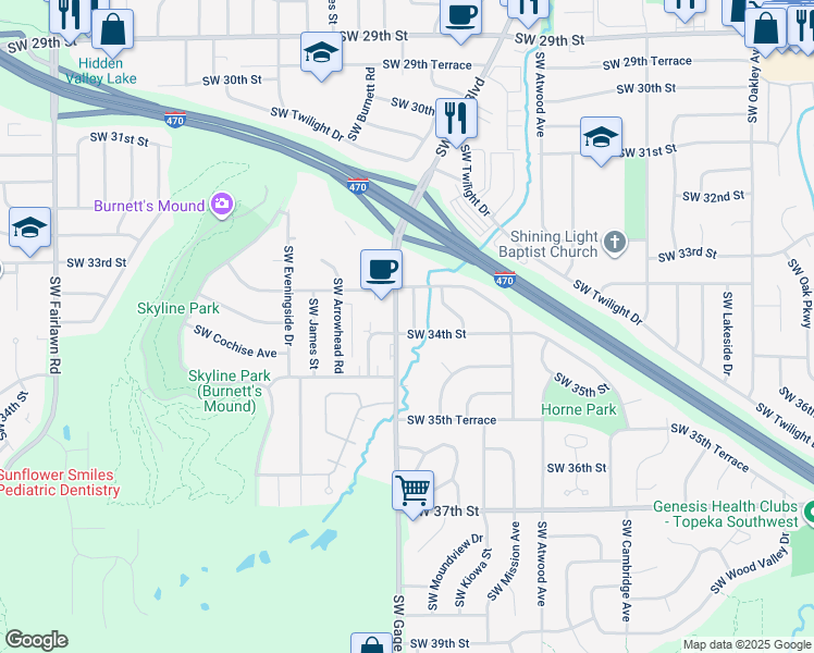 map of restaurants, bars, coffee shops, grocery stores, and more near 3341 Southwest Moundview Drive in Topeka