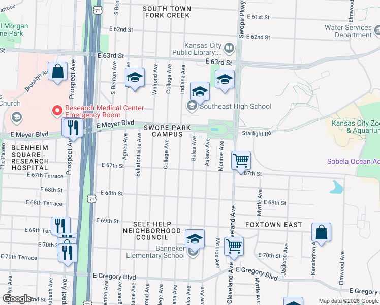 map of restaurants, bars, coffee shops, grocery stores, and more near 6636 Bales Avenue in Kansas City