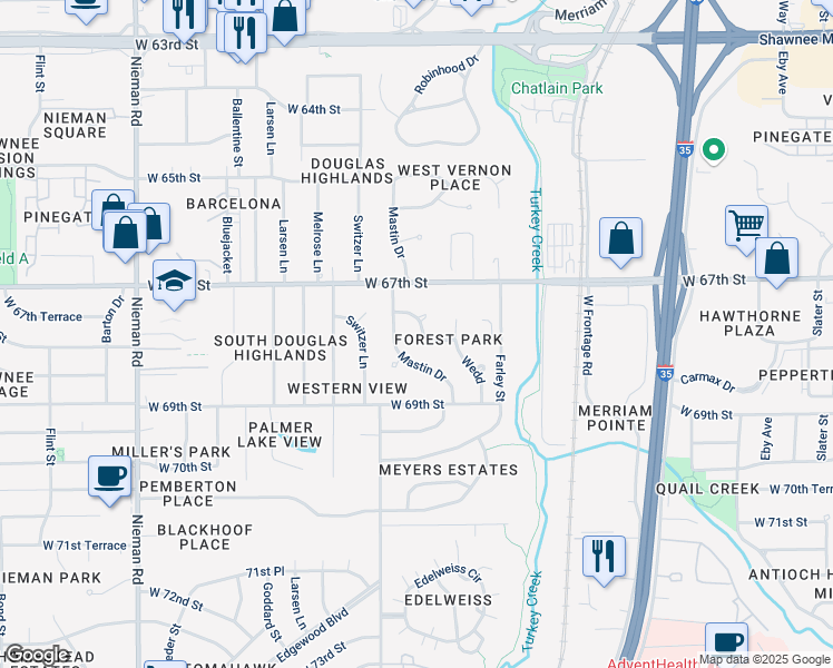 map of restaurants, bars, coffee shops, grocery stores, and more near 10021 West 68th Street in Shawnee
