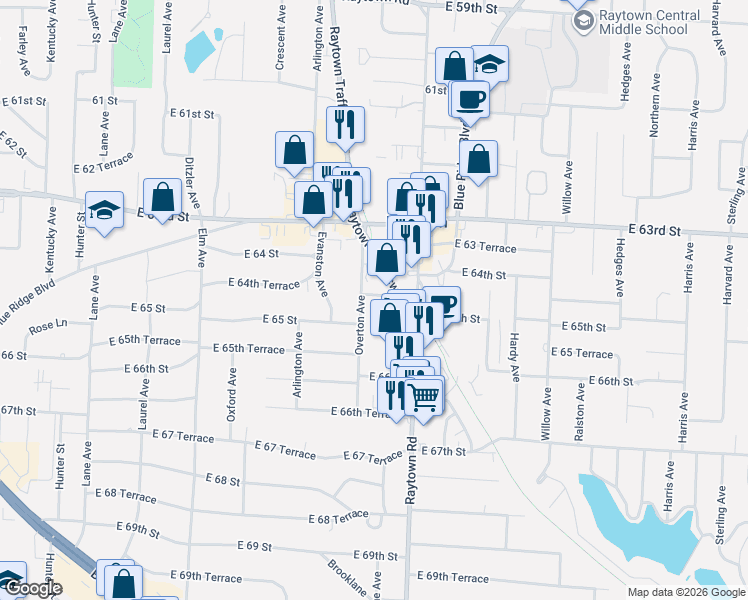 map of restaurants, bars, coffee shops, grocery stores, and more near 9809 East 64th Terrace in Raytown