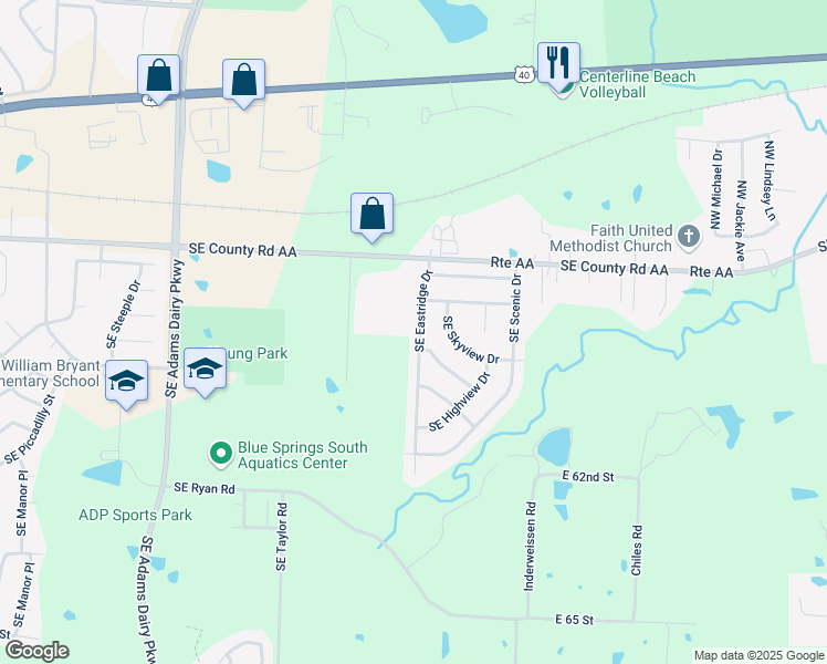 map of restaurants, bars, coffee shops, grocery stores, and more near 1119 Southeast Eastridge Drive in Blue Springs