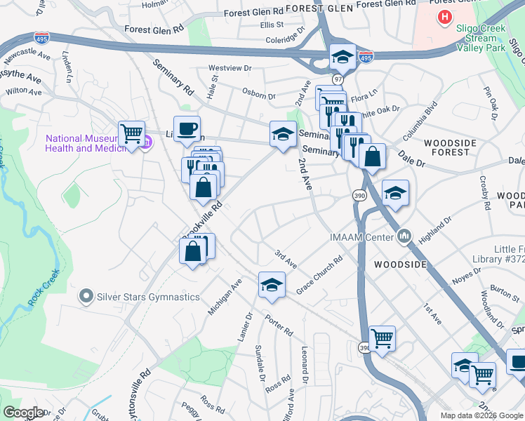 map of restaurants, bars, coffee shops, grocery stores, and more near 2030 Luzerne Avenue in Silver Spring