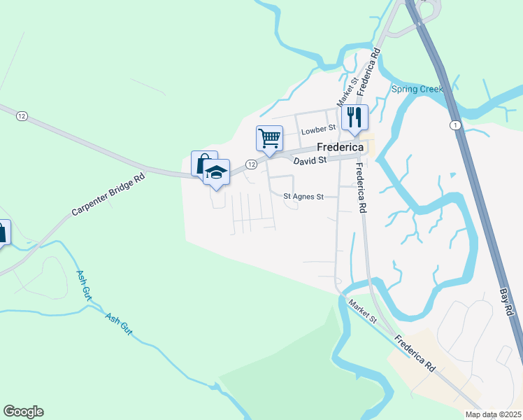 map of restaurants, bars, coffee shops, grocery stores, and more near 5 Purnell Avenue in Frederica