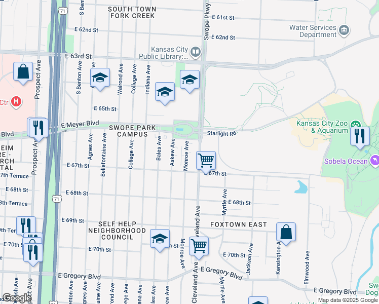 map of restaurants, bars, coffee shops, grocery stores, and more near 3701 East Meyer Boulevard in Kansas City