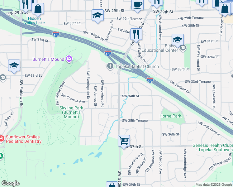 map of restaurants, bars, coffee shops, grocery stores, and more near 3341 Southwest Moundview Drive in Topeka