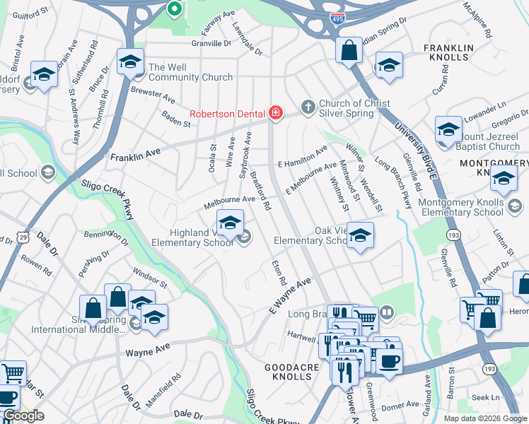 map of restaurants, bars, coffee shops, grocery stores, and more near 9128 Bradford Rd in Silver Spring