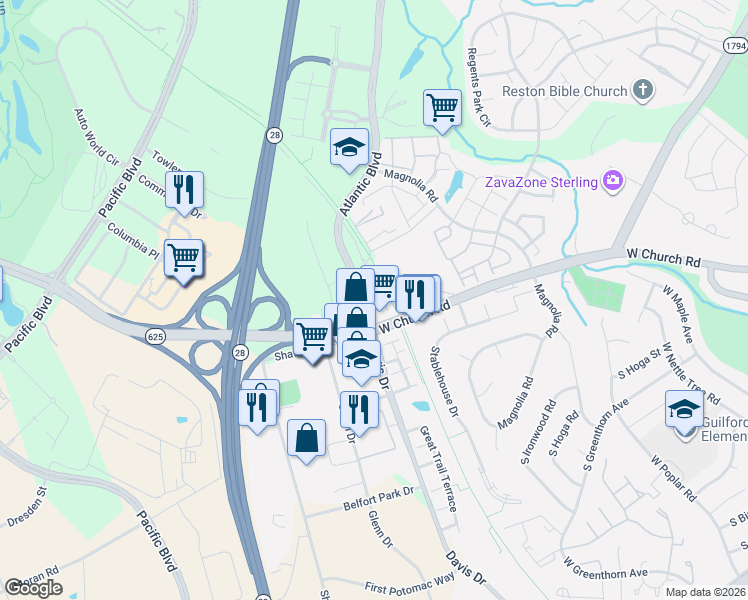 map of restaurants, bars, coffee shops, grocery stores, and more near 1014 Ruritan Circle in Sterling