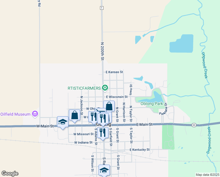 map of restaurants, bars, coffee shops, grocery stores, and more near 200 East Iowa Street in Oblong