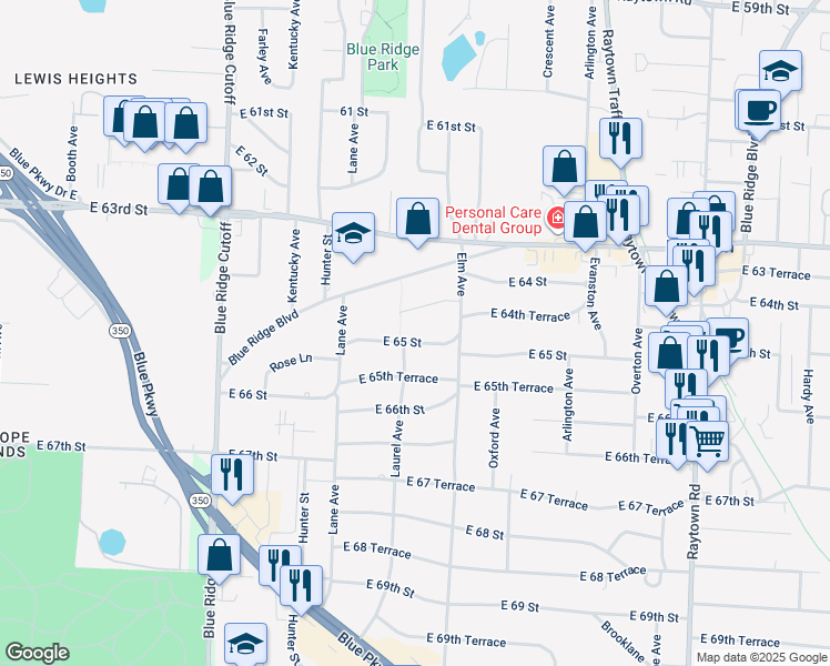 map of restaurants, bars, coffee shops, grocery stores, and more near 9108 East 65 Street in Raytown