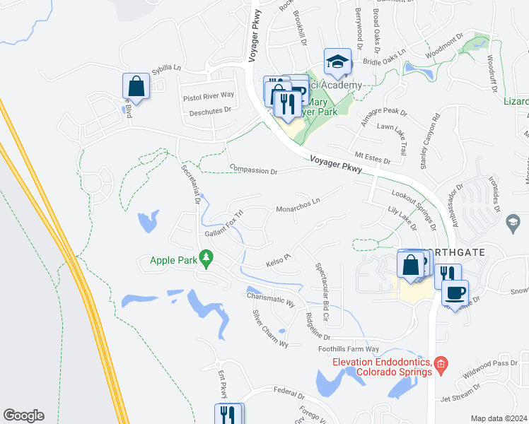 map of restaurants, bars, coffee shops, grocery stores, and more near 12098 Monarchos Lane in Colorado Springs