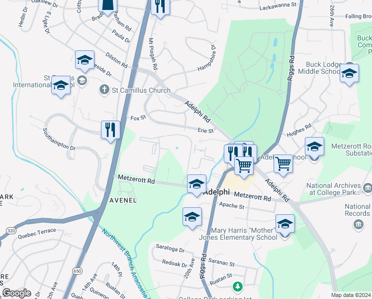 map of restaurants, bars, coffee shops, grocery stores, and more near 1828 Metzerott Road in Adelphi