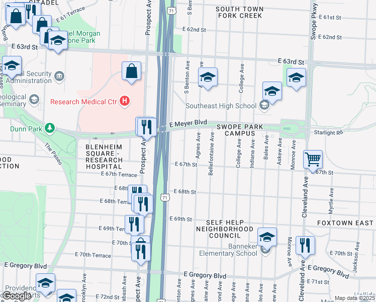 map of restaurants, bars, coffee shops, grocery stores, and more near 6637 S Benton Ave in Kansas City