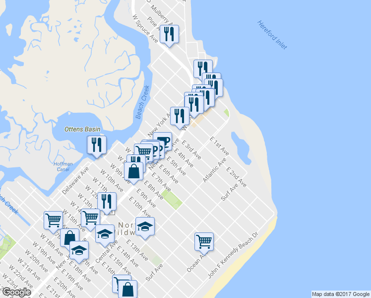 map of restaurants, bars, coffee shops, grocery stores, and more near 116 East 3rd Avenue in North Wildwood