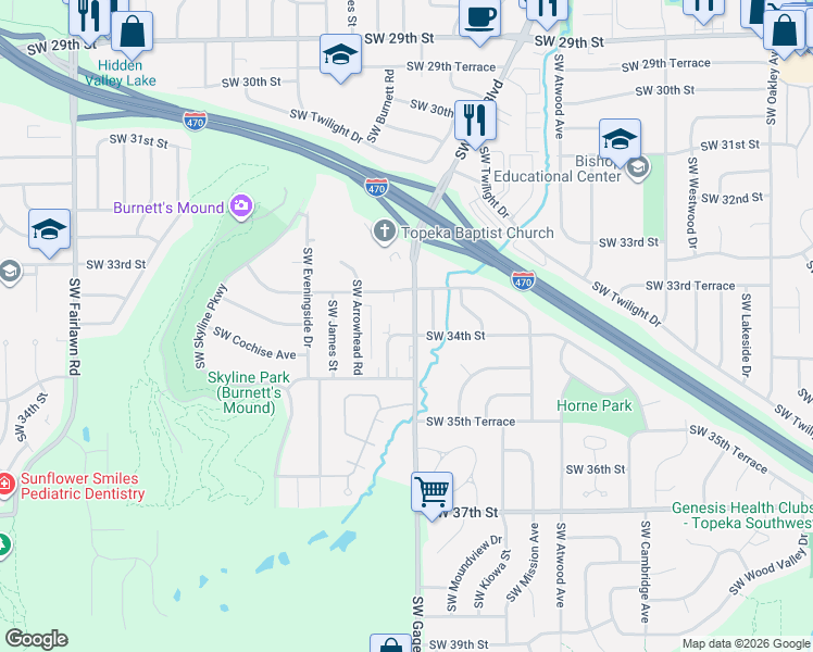 map of restaurants, bars, coffee shops, grocery stores, and more near 3341 Southwest Moundview Drive in Topeka