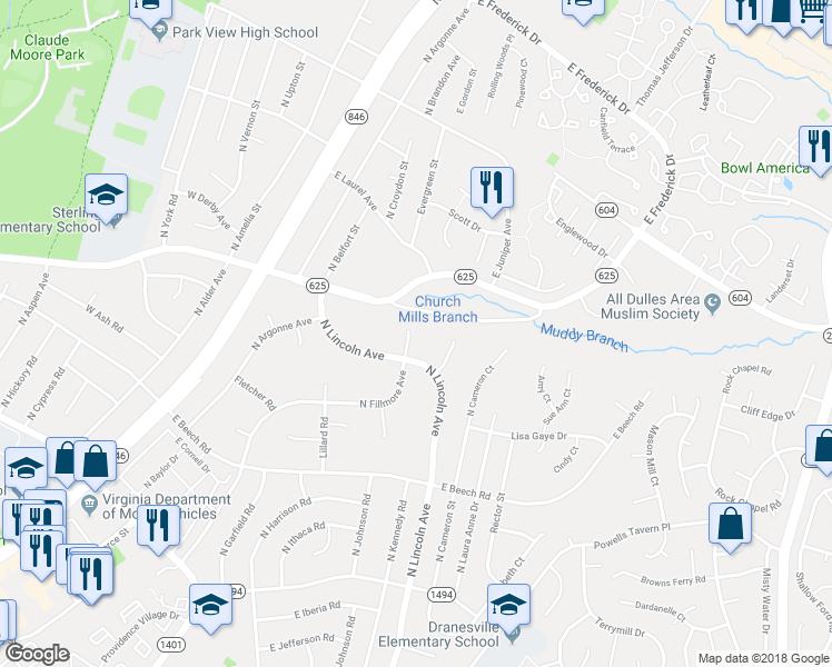 map of restaurants, bars, coffee shops, grocery stores, and more near 408 Harding Court in Sterling