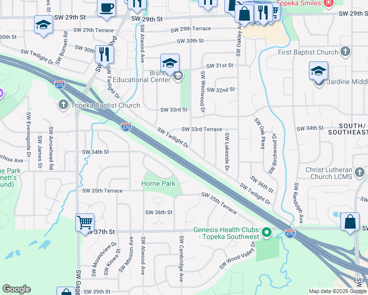 map of restaurants, bars, coffee shops, grocery stores, and more near 3507 Southwest Twilight Drive in Topeka