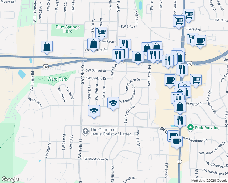 map of restaurants, bars, coffee shops, grocery stores, and more near 1012 Southwest 15 Street in Blue Springs