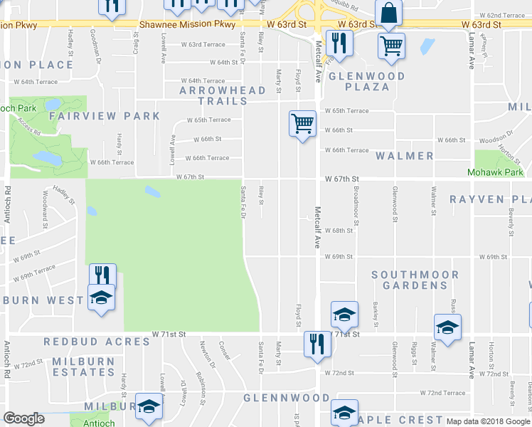 map of restaurants, bars, coffee shops, grocery stores, and more near 6741 Riley Street in Overland Park