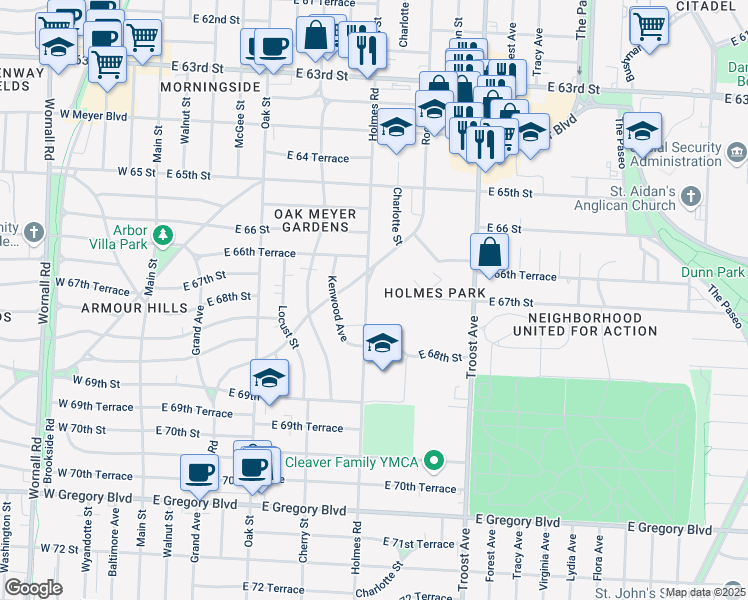 map of restaurants, bars, coffee shops, grocery stores, and more near 6707 Holmes Road in Kansas City