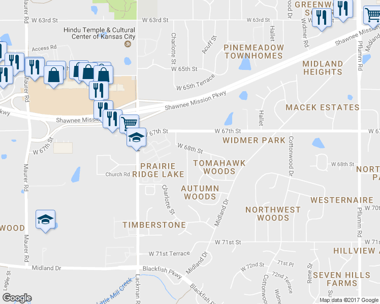 map of restaurants, bars, coffee shops, grocery stores, and more near 6801 Alden Street in Shawnee