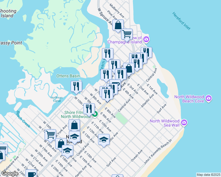 map of restaurants, bars, coffee shops, grocery stores, and more near 114 W 5th Ave in North Wildwood