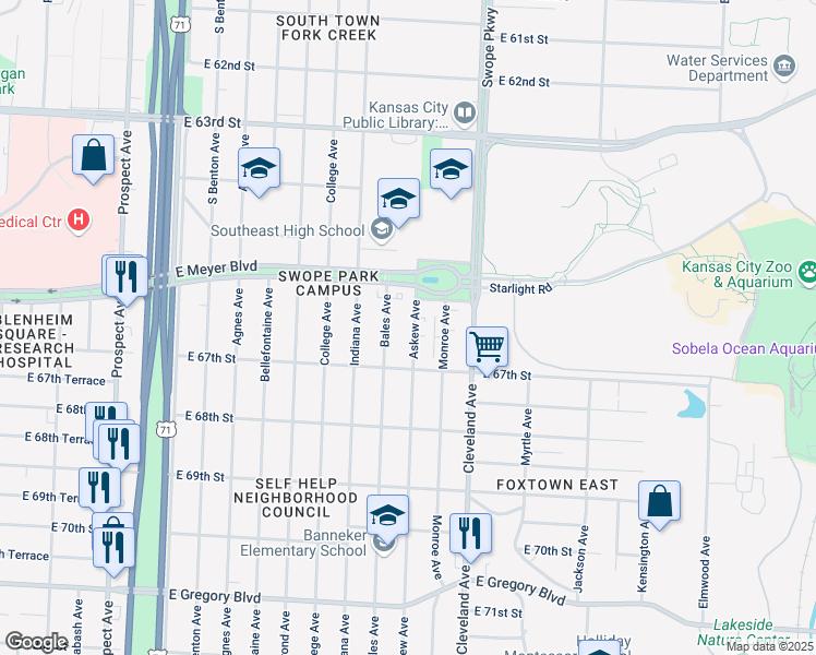 map of restaurants, bars, coffee shops, grocery stores, and more near 6632 Askew Avenue in Kansas City