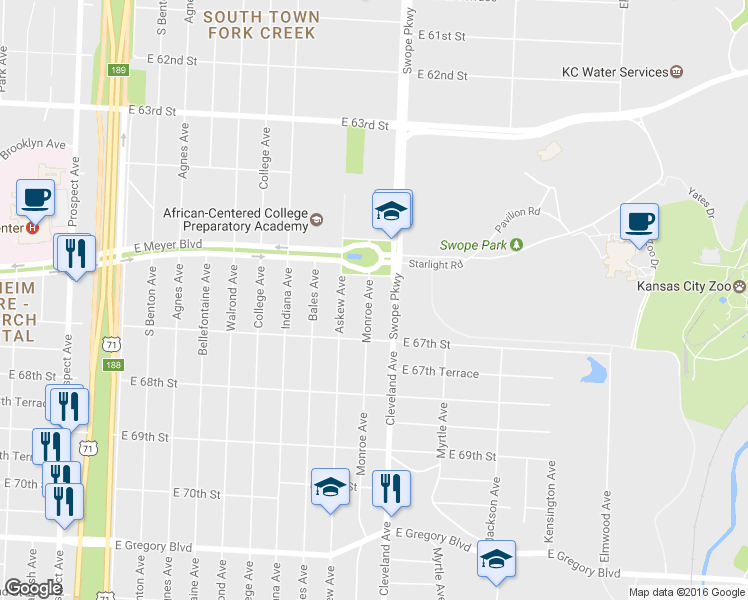 map of restaurants, bars, coffee shops, grocery stores, and more near 3701 East Meyer Boulevard in Kansas City