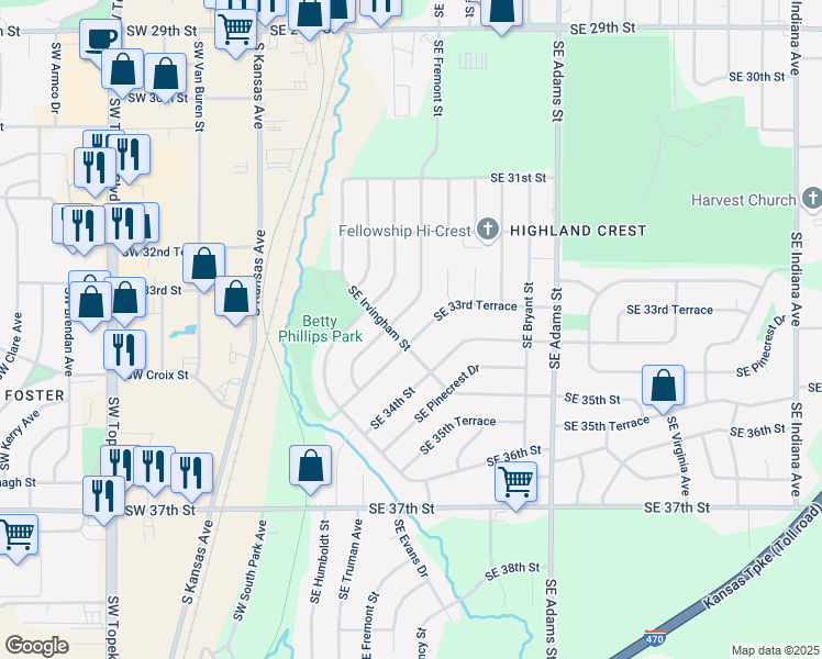 map of restaurants, bars, coffee shops, grocery stores, and more near 408 Southeast 33rd Terrace in Topeka