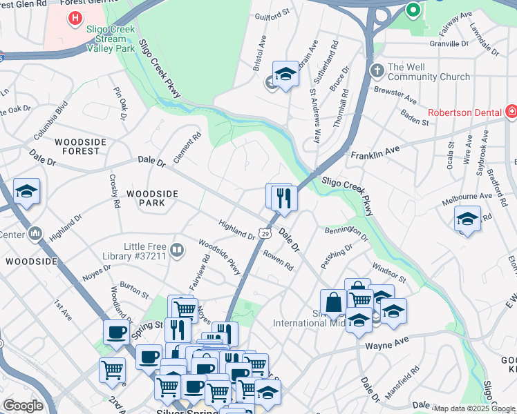 map of restaurants, bars, coffee shops, grocery stores, and more near 9202 Summit Road in Silver Spring