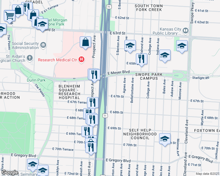 map of restaurants, bars, coffee shops, grocery stores, and more near 6635 Chestnut Avenue in Kansas City