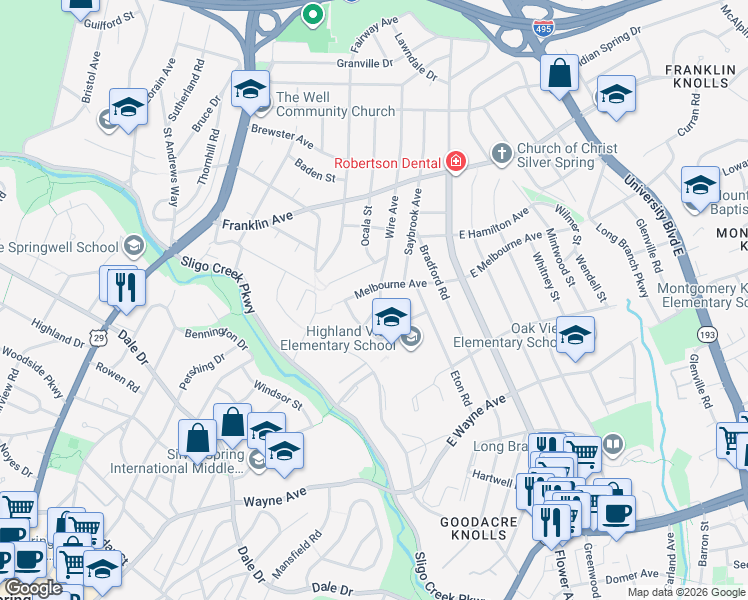 map of restaurants, bars, coffee shops, grocery stores, and more near 9110 Wire Avenue in Silver Spring