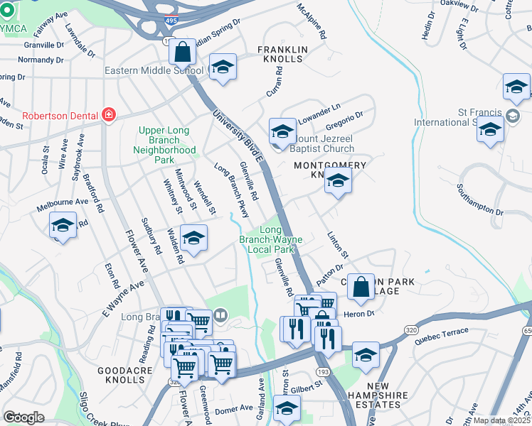 map of restaurants, bars, coffee shops, grocery stores, and more near 9203 Glenville Road in Silver Spring
