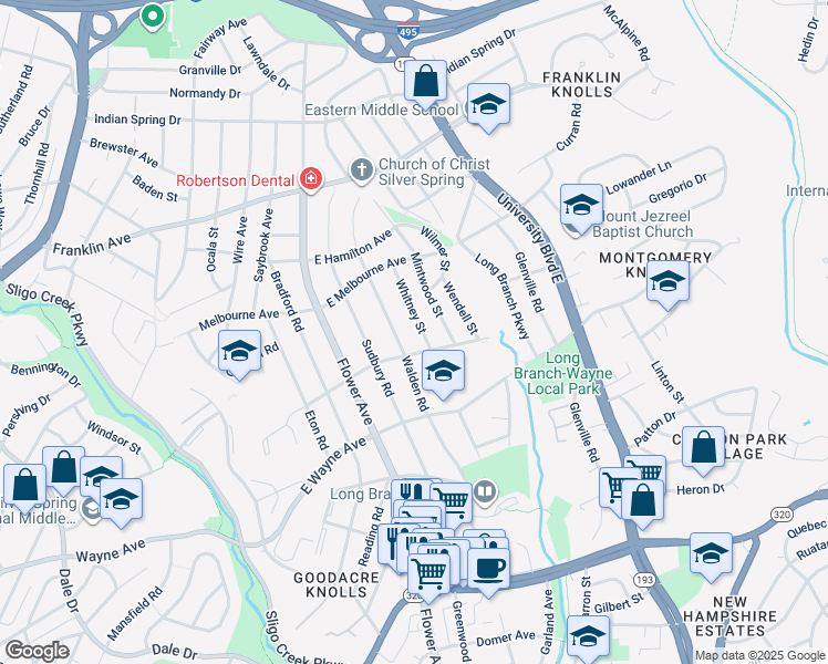 map of restaurants, bars, coffee shops, grocery stores, and more near 9206 Whitney Street in Silver Spring