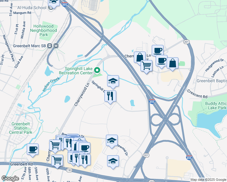 map of restaurants, bars, coffee shops, grocery stores, and more near 6060 Springhill Drive in Greenbelt