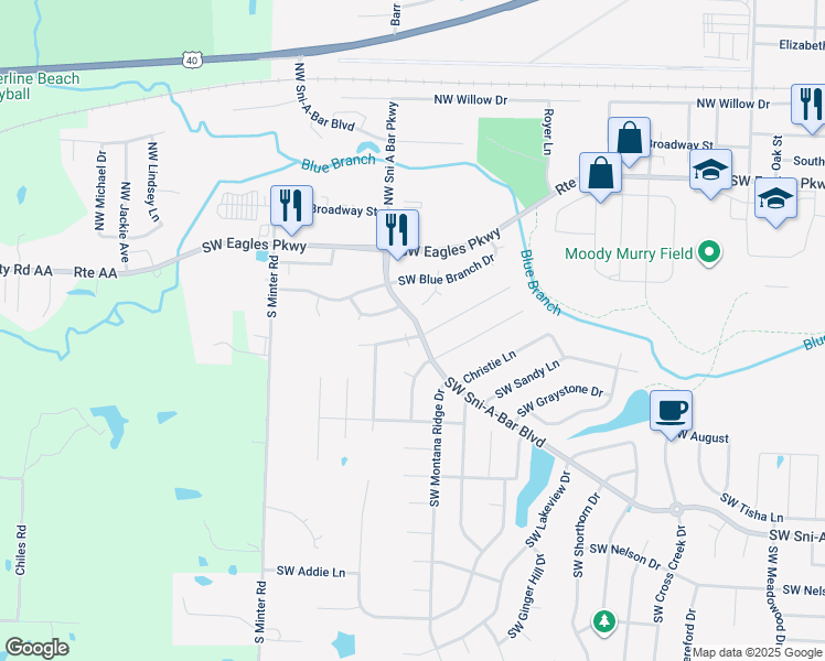 map of restaurants, bars, coffee shops, grocery stores, and more near 1204 Dean Drive in Grain Valley