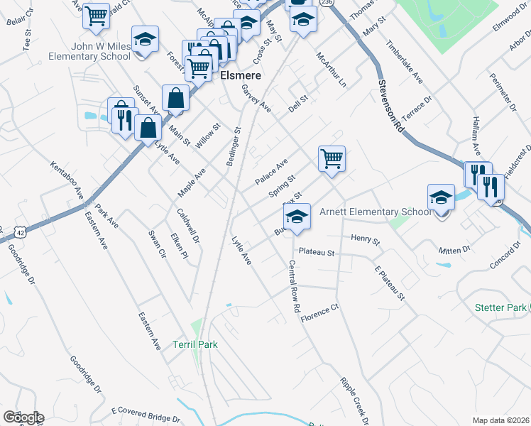 map of restaurants, bars, coffee shops, grocery stores, and more near 504 Fox St in Elsmere