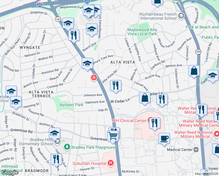 map of restaurants, bars, coffee shops, grocery stores, and more near 5336 Camberley Avenue in Bethesda