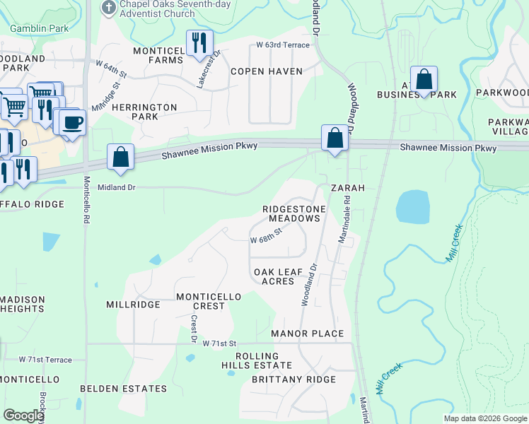 map of restaurants, bars, coffee shops, grocery stores, and more near 6744 Longview Road in Shawnee