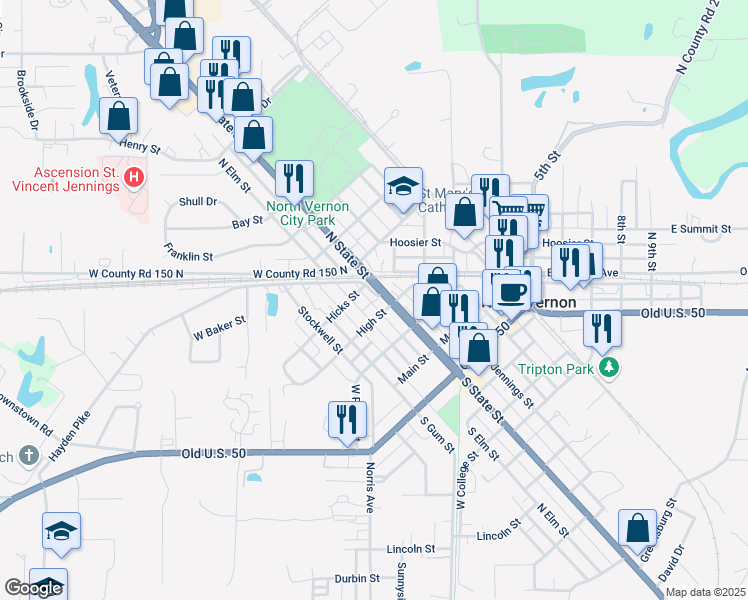 map of restaurants, bars, coffee shops, grocery stores, and more near 317 North State Street in North Vernon