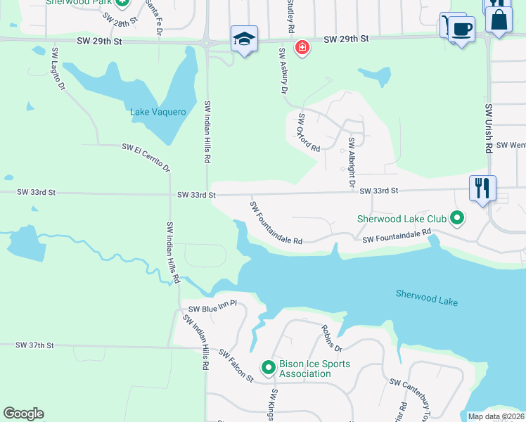 map of restaurants, bars, coffee shops, grocery stores, and more near 7324 Southwest Fountaindale Road in Topeka